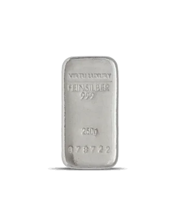 Reiner Silberbarren 24K mit einem Gewicht von 250 Gramm, erhältlich bei VIRTU LUXURY