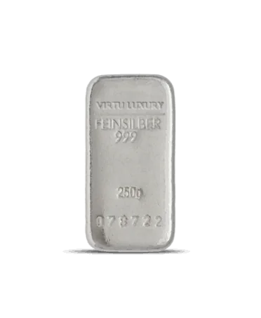Reiner Silberbarren 24K mit einem Gewicht von 250 Gramm, erhältlich bei VIRTU LUXURY