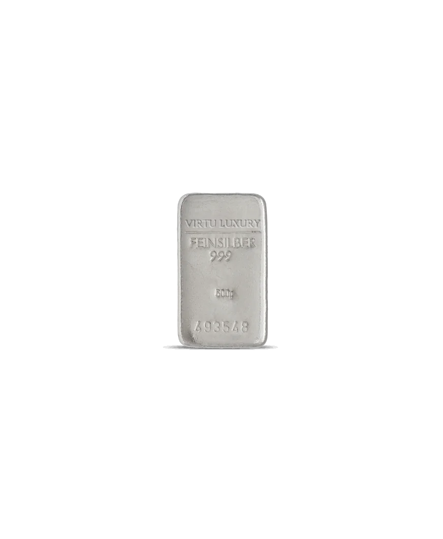 Barren aus reinem 24K Silber mit einem Gewicht von 500 Gramm, erhältlich bei VIRTU LUXURY