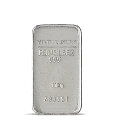 Reiner Silberbarren 24K mit einem Gewicht von 1 KG, erhältlich bei VIRTU LUXURY