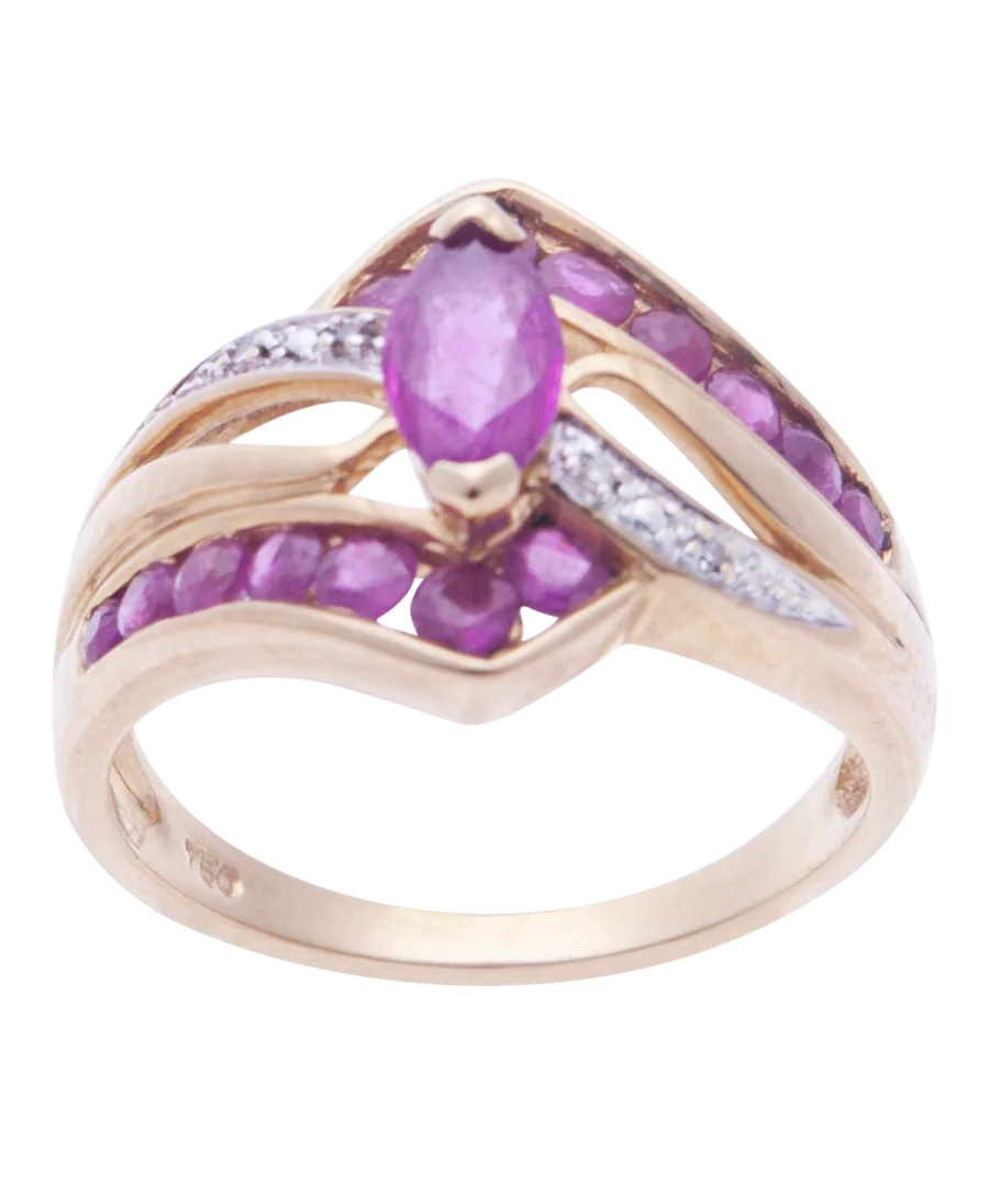 Ring aus 18K Gelbgold, besetzt mit Rubinen und Diamanten, erhältlich bei virtu luxury