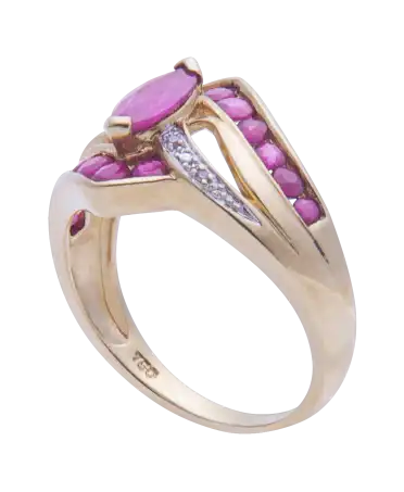 Ring aus 18K Gelbgold, besetzt mit Rubinen und Diamanten, erhältlich bei virtu luxury