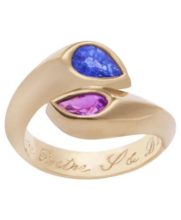Toi-et-Moi-Ring aus 18k Gelbgold, besetzt mit blauen und rosa Saphiren