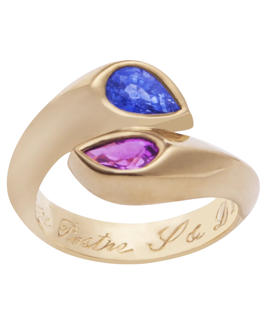 Toi-et-Moi-Ring aus 18k Gelbgold, besetzt mit blauen und rosa Saphiren