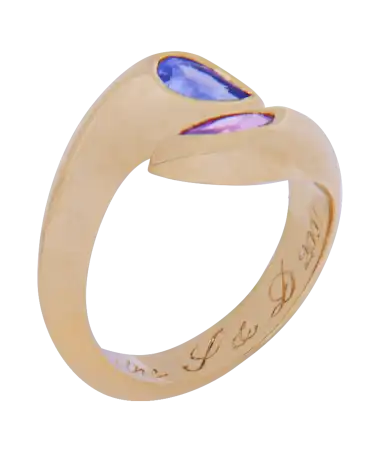 Toi-et-Moi-Ring aus 18k Gelbgold, besetzt mit blauen und rosa Saphiren