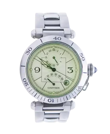Armbanduhr PASHA GMT Power Reserve des Hauses Cartier. Erhältlich bei VIRTU LUXURY.