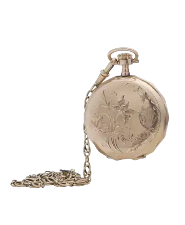 Taschenuhr und Originalkette im Blumenstil. Erhältlich bei VIRTU LUXURY.