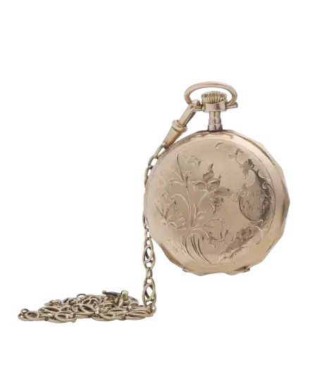 Taschenuhr und Originalkette im Blumenstil. Erhältlich bei VIRTU LUXURY.