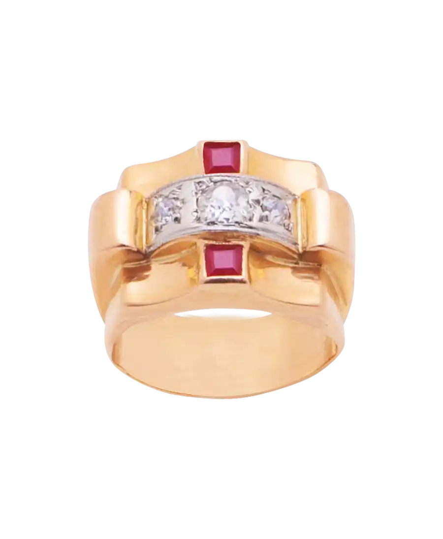 Der Ring TANK CIRCA 1950 ist ein majestätischer und raffinierter Ring mit seinen Rubinen und Diamanten.