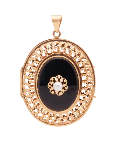 Goldschmuck - Medaillon-Anhänger aus Gold mit Perle und schwarzem Onyx - erhältlich beim Juwelier bei VIRTU LUXURY
