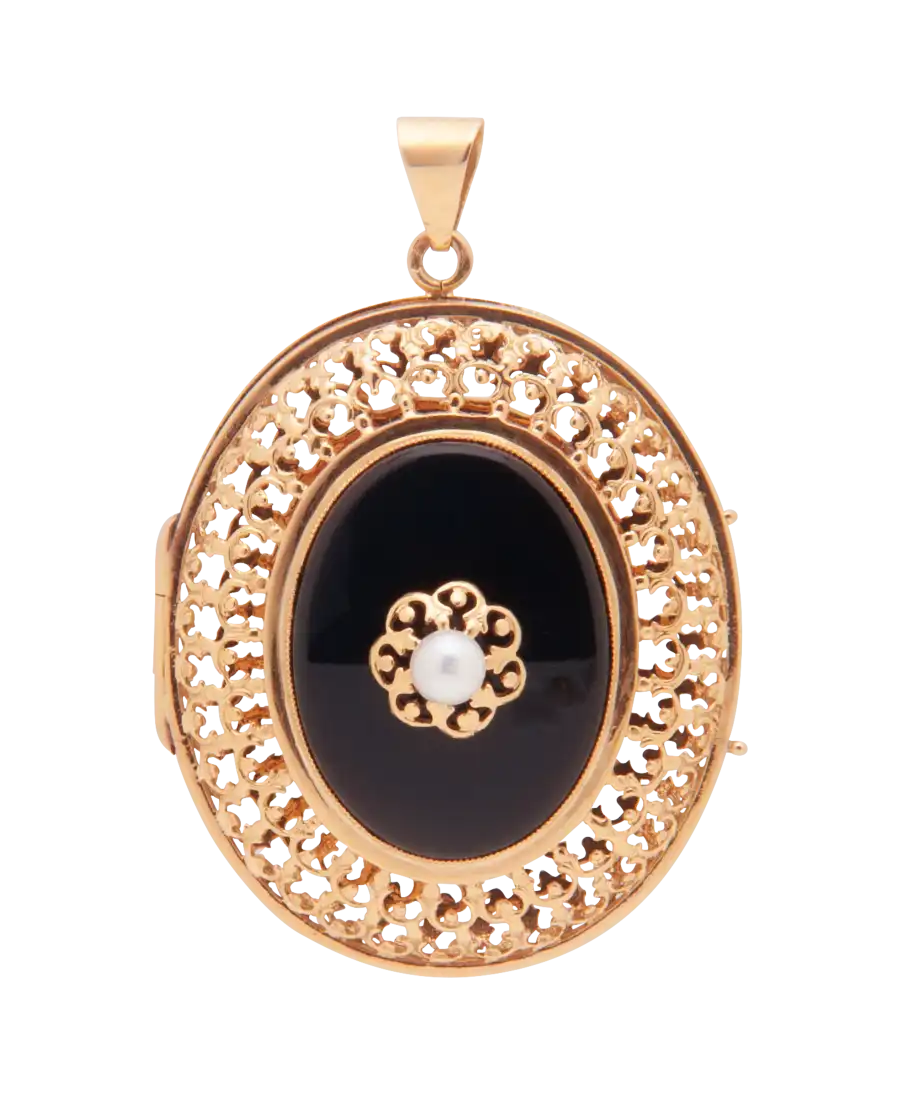 Goldschmuck - Medaillon-Anhänger aus Gold mit Perle und schwarzem Onyx - erhältlich beim Juwelier bei VIRTU LUXURY Goldschmuck - Medaillon-Anhänger aus Gold mit Perle und schwarzem Onyx - erhältlich beim Juwelier bei VIRTU LUXURY