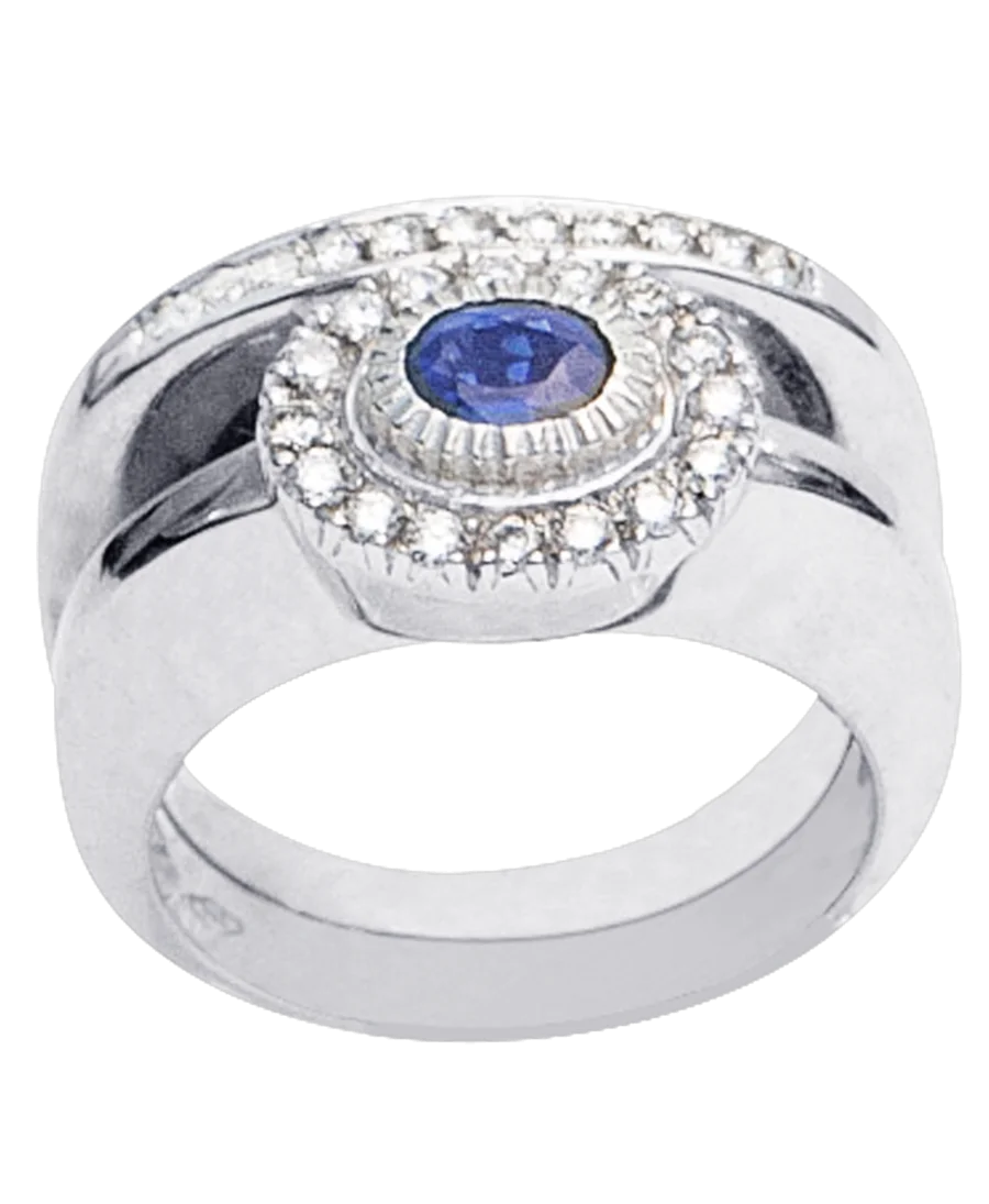 Diese MARGUERITE-ALLIANZ ist opulent mit ihren strahlenden weißen Diamanten und ihrem auffälligen Saphir