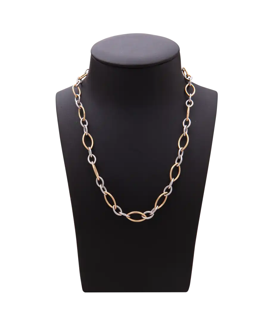 MODERNE HALSKETTE MIT SCHLEIFENGLIEDERN AUS 2 GOLDFÖRMIGEN WEISS- UND GELBGOLD - Im JUWELIERGESCHÄFT bei VIRTU LUXURY