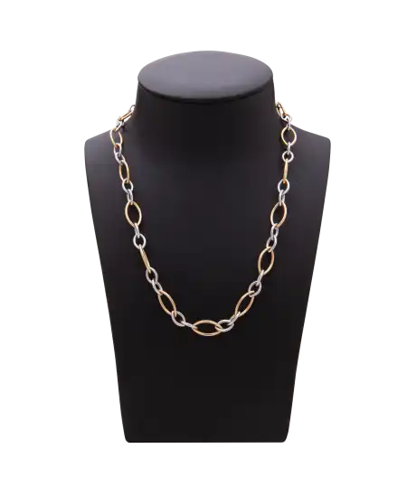 MODERNE HALSKETTE MIT SCHLEIFENGLIEDERN AUS 2 GOLDFÖRMIGEN WEISS- UND GELBGOLD - Im JUWELIERGESCHÄFT bei VIRTU LUXURY