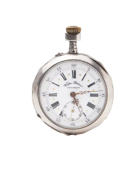 Silberne Taschenuhr der Marke VICTOR PETITEAU. Erhältlich bei VIRTU LUXURY.