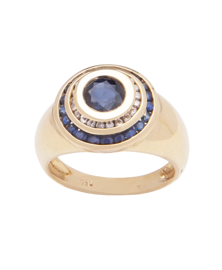 Ehering Margerite Saphir und Diamant aus 18 Karat Gelbgold. Erhältlich bei VIRTU LUXURY.