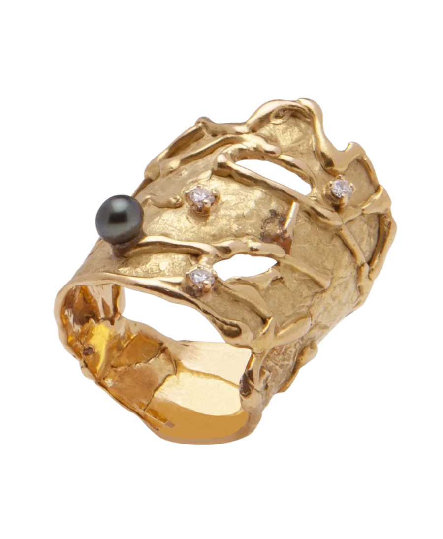 Designer-Perlen- und Diamantring aus 18 Karat Gelbgold; Erhältlich bei VIRTU LUXURY.