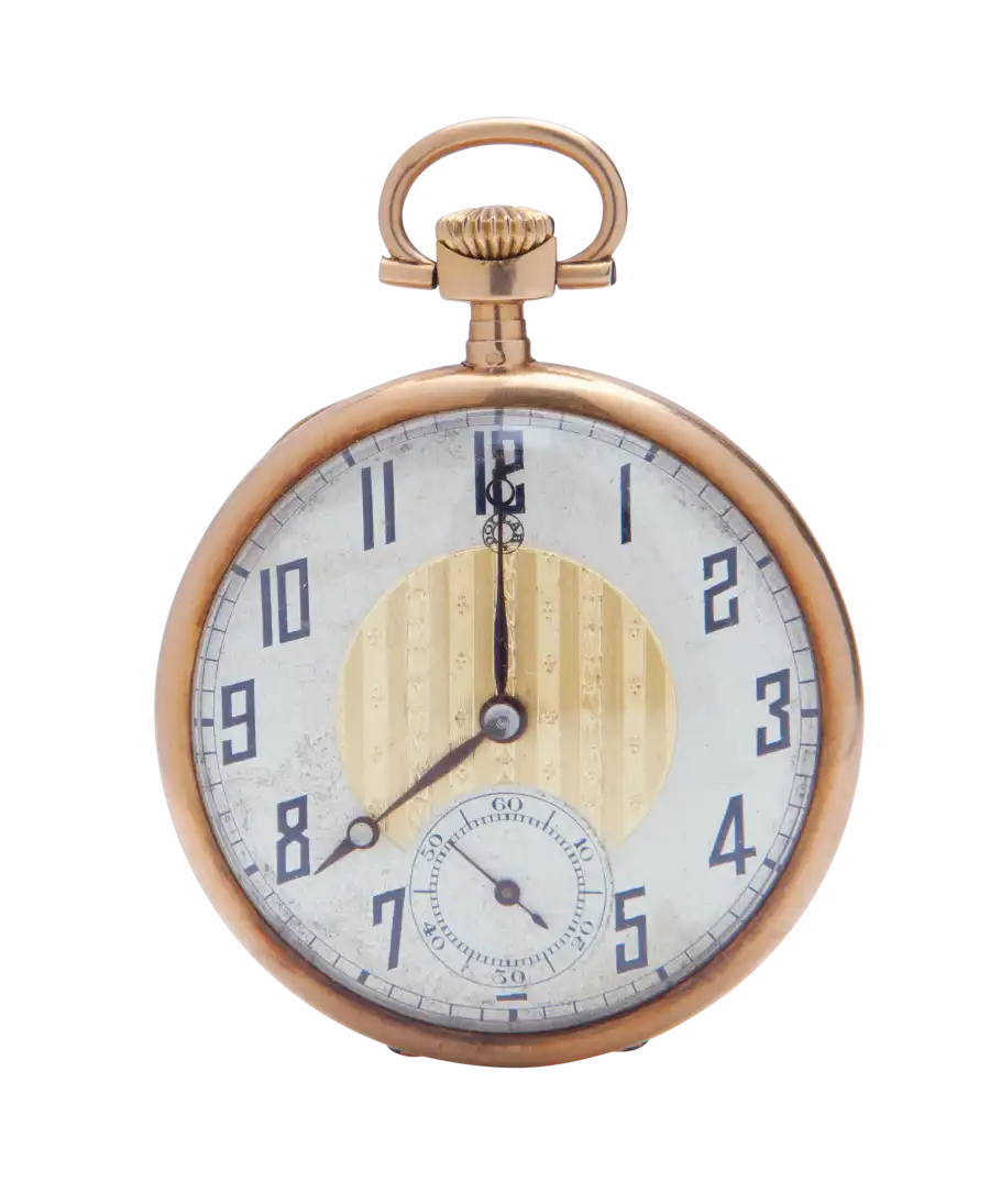 Taschenuhr aus gelbgoldplattiertem Kupfer der Marke DOLLAR. Erhältlich bei VIRTU LUXURY.