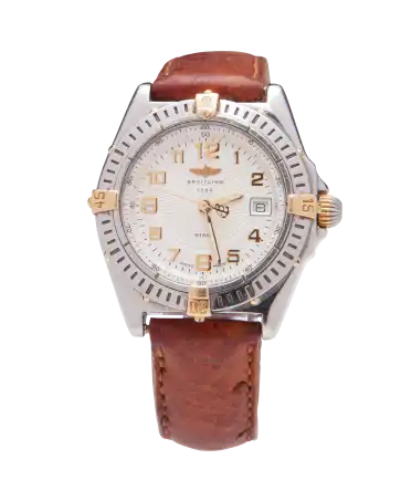 Armbanduhr aus Gelbgold und Stahl des Uhrenhauses Breitling. Erhältlich bei VIRTU LUXURY.