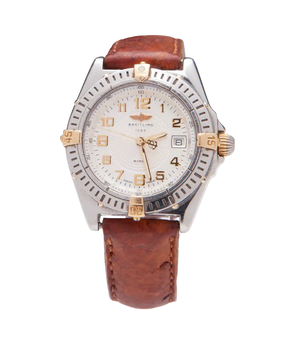 Armbanduhr aus Gelbgold und Stahl des Uhrenhauses Breitling. Erhältlich bei VIRTU LUXURY.