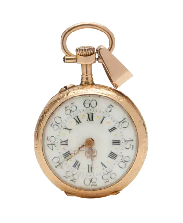 Engels-Taschenuhr aus hochglanzpoliertem 18 Karat Gelbgold. Erhältlich bei VIRTU LUXURY.
