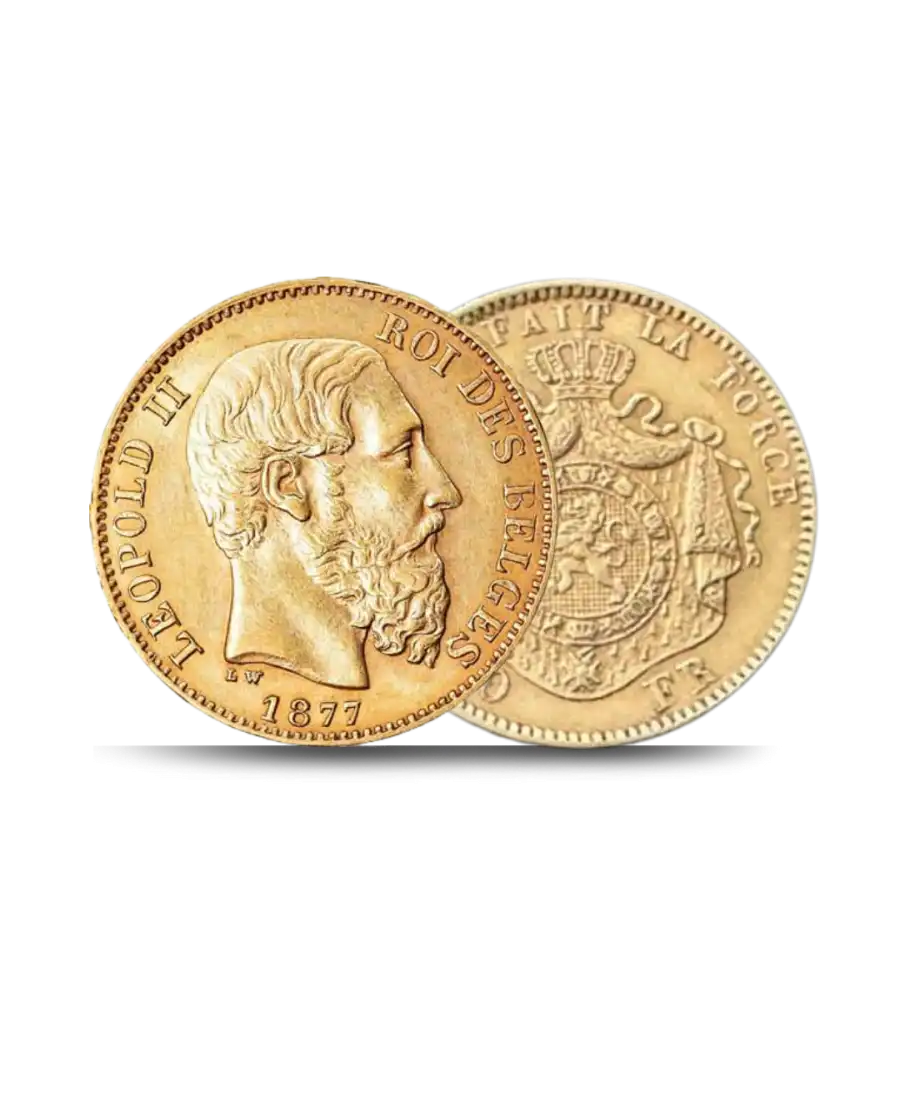 Vorder- und Rückseite der Goldmünze LATEINISCHE MÜNZUNION Gold, 20 BELGISCHE FRANKEN GOLD erhältlich bei VIRTU LUXURY