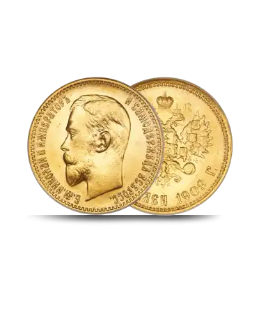 Vorder- und Rückseite der russischen 5-Rubel-Goldmünze mit dem Bildnis von NIKOLAUS II, erhältlich bei VIRTU LUXURY