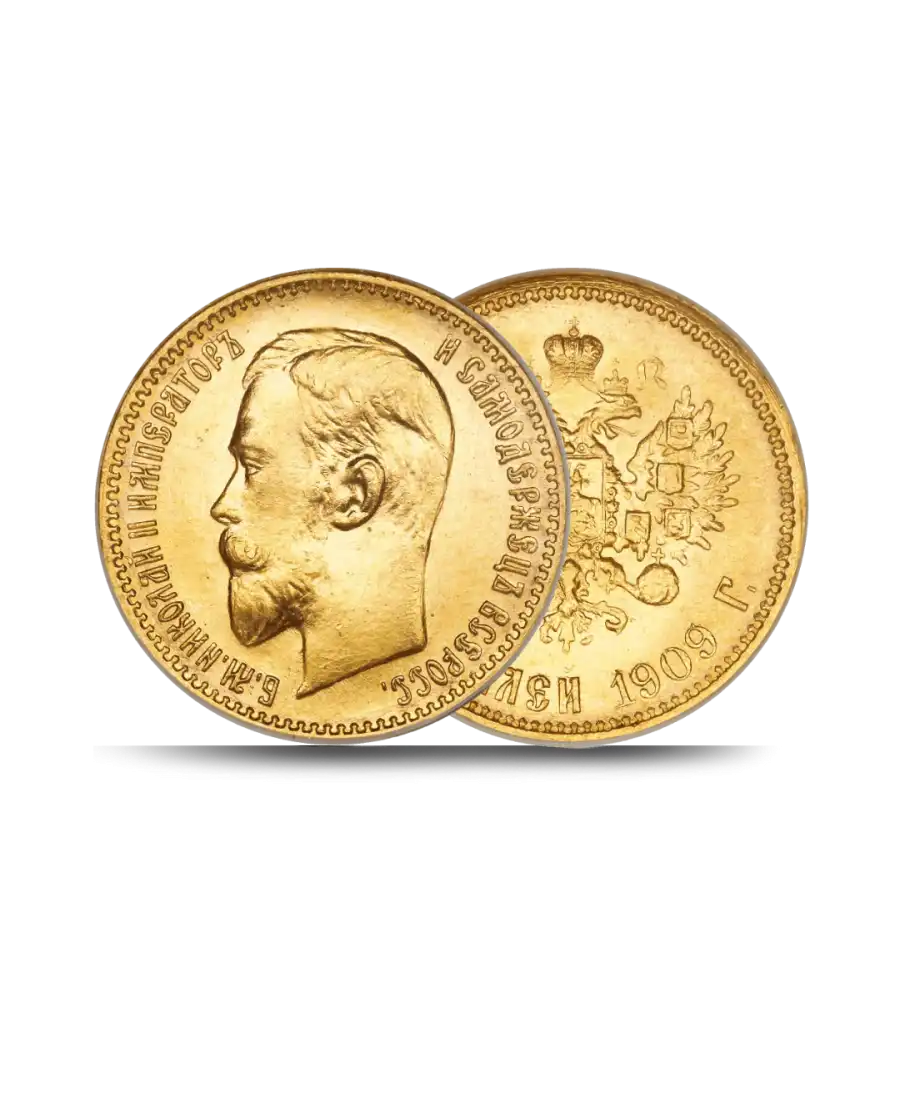 Vorder- und Rückseite der russischen 5-Rubel-Goldmünze mit dem Bildnis von NIKOLAUS II, erhältlich bei VIRTU LUXURY