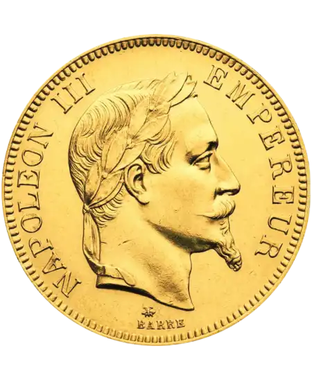 Vorderseite der 100 Francs NAPOLEON 3 LORBEERKOPF Goldmünze bei VIRTU LUXURY