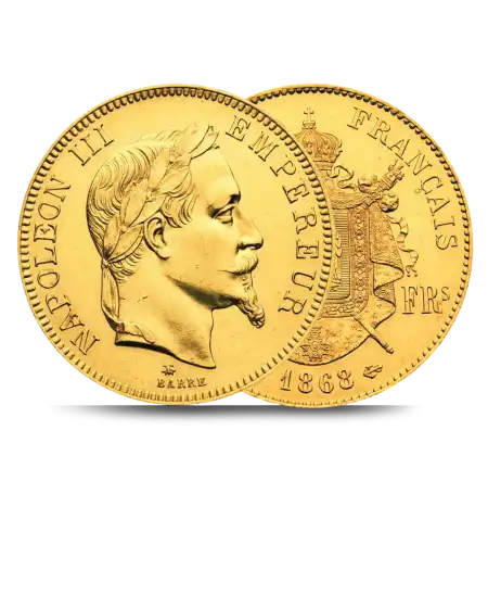 Vorder- und Rückseite der 100-Francs-Goldmünze NAPOLEON III MIT LORBEERKRANZ, erhältlich bei VIRTU LUXURY