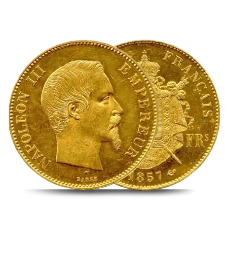 Vorder- und Rückseite der 100-Francs-Goldmünze NAPOLEON III. MIT UNBEKRÄNZTEM KOPF, erhältlich bei VIRTU LUXURY