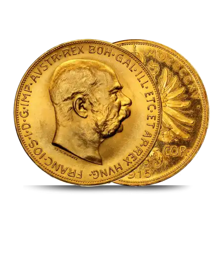 Vorder- und Rückseite der Goldmünze 100 Österreichische Kronen 100 CORONA ÖSTERREICH, erhältlich bei VIRTU LUXURY