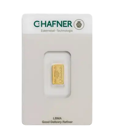 Vorderseite des 1-Gramm-Prägebarren aus 24K Feingold von C. HAFNER, erhältlich bei VIRTU LUXURY