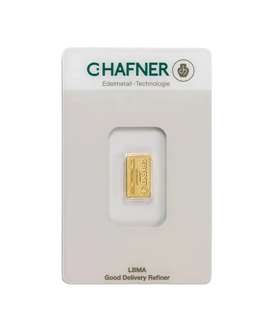 Vorderseite des 1-Gramm-Prägebarren aus 24K Feingold von C. HAFNER, erhältlich bei VIRTU LUXURY Vorderseite des 1-Gramm-Prägebarren aus 24K Feingold von C. HAFNER, erhältlich bei VIRTU LUXURY