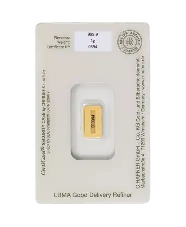 Rückseite des 1-Gramm-Goldbarrens von C. HAFNER aus 24K Feingold, zum Verkauf bei VIRTU LUXURY erhältlich