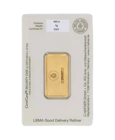 arrière du lingotin 5 Grammes de C. HAFNER d'or pur 24K en vente disponible chez VIRTU LUXURY