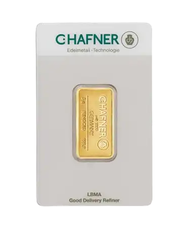 Vorderseite des 5-Gramm-Goldbarrens von C. HAFNER aus reinem 24K-Gold, zum Verkauf erhältlich bei VIRTU LUXURY