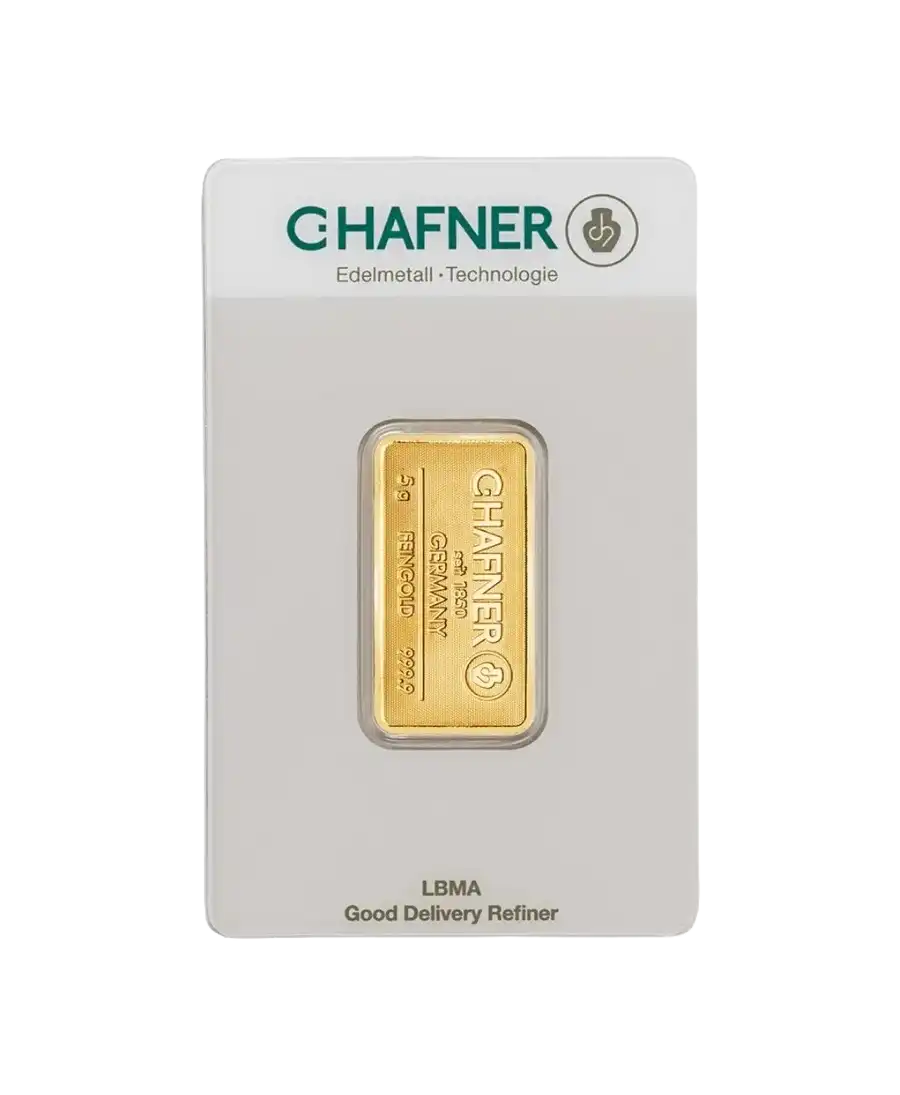 Vorderseite des 5-Gramm-Goldbarrens von C. HAFNER aus reinem 24K-Gold, zum Verkauf erhältlich bei VIRTU LUXURY Vorderseite des 5-Gramm-Goldbarrens von C. HAFNER aus reinem 24K-Gold, zum Verkauf erhältlich bei VIRTU LUXURY