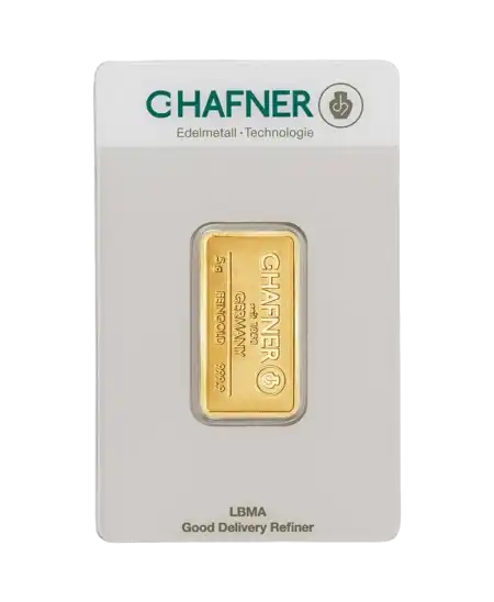 Vorderseite des 5-Gramm-Goldbarrens von C. HAFNER aus reinem 24K-Gold, zum Verkauf erhältlich bei VIRTU LUXURY