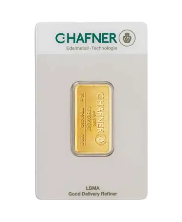 Vorderseite des gestempelten 10-Gramm-Goldbarrens von C. HAFNER aus recyceltem 24K-Feingold, erhältlich bei VIRTU LUXURY