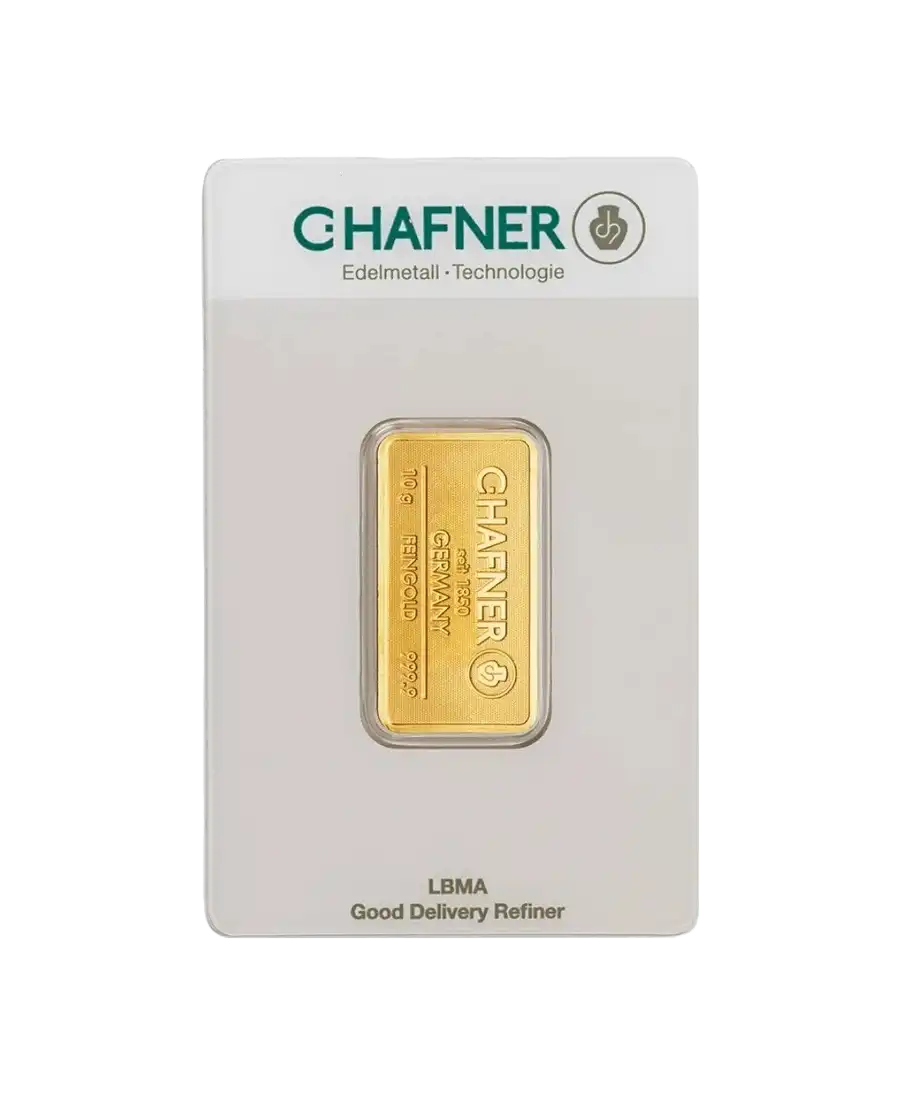 Vorderseite des gestempelten 10-Gramm-Goldbarrens von C. HAFNER aus recyceltem 24K-Feingold, erhältlich bei VIRTU LUXURY