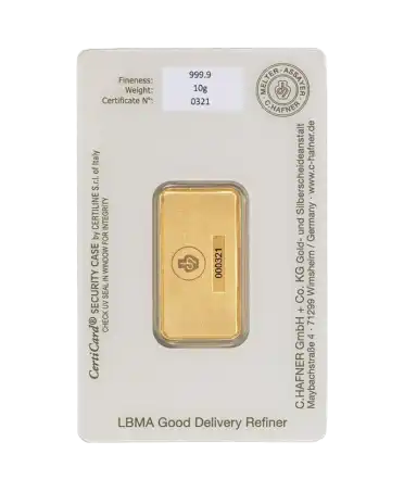 Rückseite des 10-Gramm-Barrens aus reinem 24 Karat Gold von C. HAFNER, erhältlich bei VIRTU LUXURY