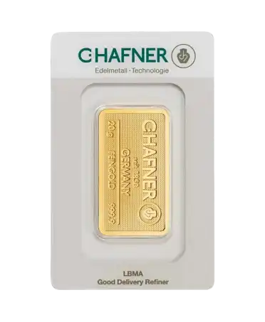 Vorderseite des gestempelten 20-Gramm-Goldbarrens von C. HAFNER aus reinem 24K Gold, im Verkauf erhältlich bei VIRTU LUXURY