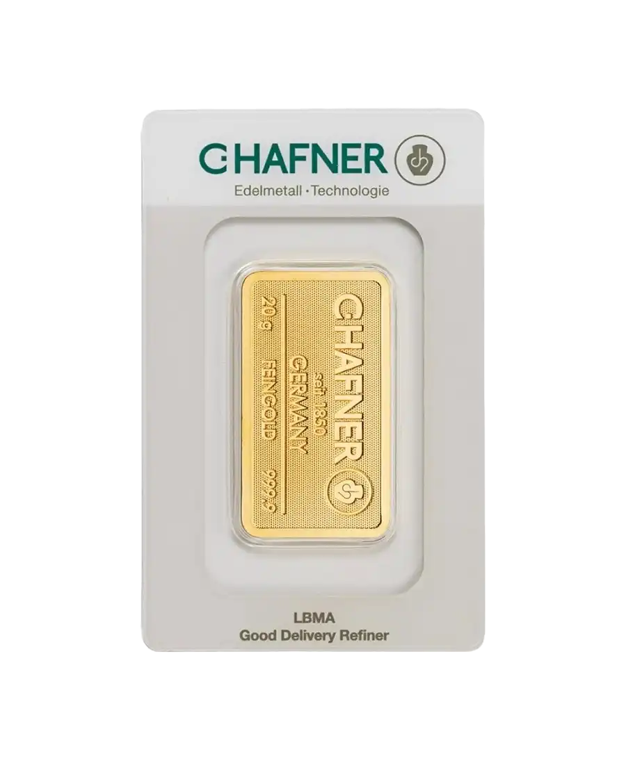 Vorderseite des gestempelten 20-Gramm-Goldbarrens von C. HAFNER aus reinem 24K Gold, im Verkauf erhältlich bei VIRTU LUXURY Vorderseite des gestempelten 20-Gramm-Goldbarrens von C. HAFNER aus reinem 24K Gold, im Verkauf erhältlich bei VIRTU LUXURY