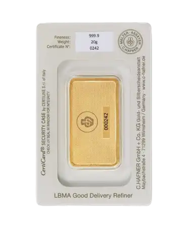 Rückseite des gestempelten 10-Gramm-Goldbarrens von C. HAFNER aus reinem 24K Gold, im Verkauf erhältlich bei VIRTU LUXURY