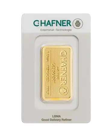Vorderseite des 1-Unzen-Barren aus 24K Feingold von C. HAFNER, erhältlich bei VIRTU LUXURY