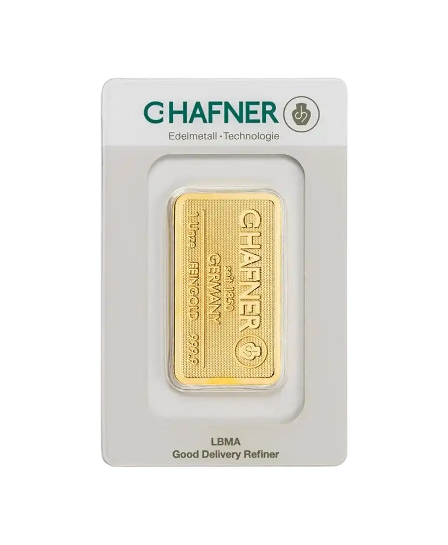 Vorderseite des 1-Unzen-Barren aus 24K Feingold von C. HAFNER, erhältlich bei VIRTU LUXURY