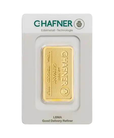 Vorderseite des 1-Unzen-Barren aus 24K Feingold von C. HAFNER, erhältlich bei VIRTU LUXURY