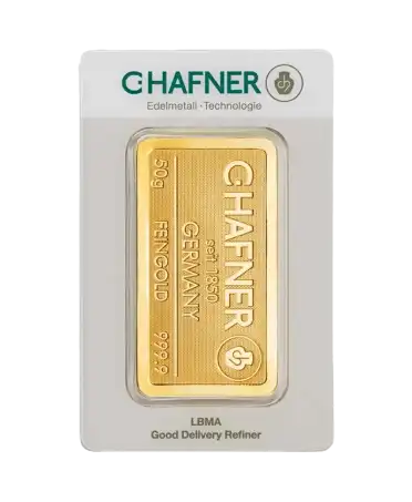 Vorderseite des geprägten 50-Gramm-Goldbarrens aus 24K Feingold von C. HAFNER, erhältlich bei VIRTU LUXURY