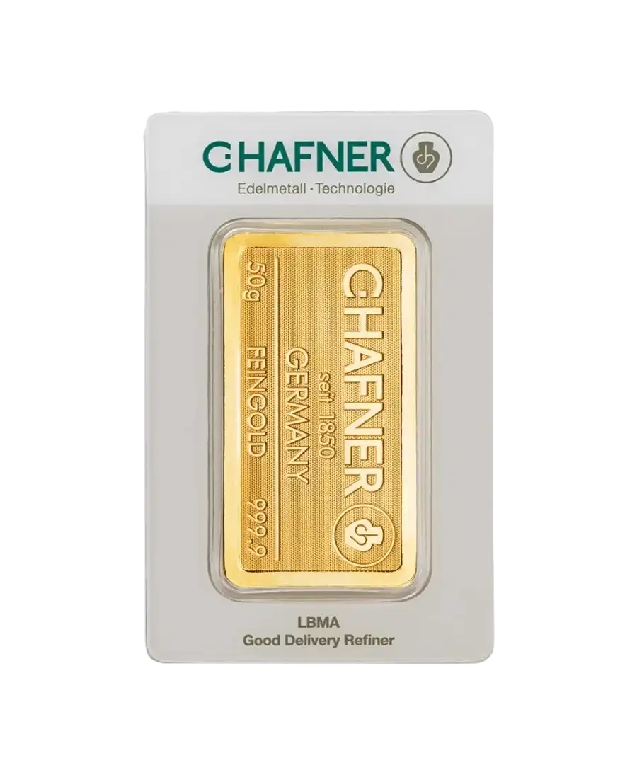 Vorderseite des geprägten 50-Gramm-Goldbarrens aus 24K Feingold von C. HAFNER, erhältlich bei VIRTU LUXURY